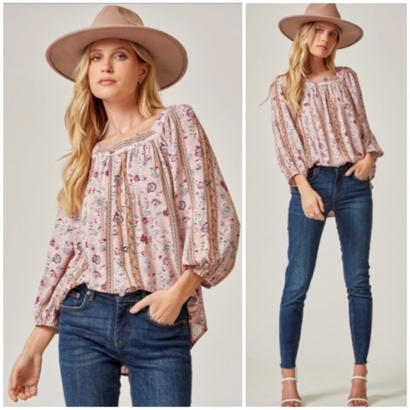 Tops - Mauve Bohemian Floral Print Peasant Long Sleeve Tie Back Square Neck Blouse